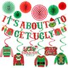 Red and Green It's About To Get Ugly Banner and Ugly Sweater Hanging Swirls Ugly Christmas Sweater Party Banner for Ugly Sweater Party Decorations, Ugly Christmas Sweater Party Supplies