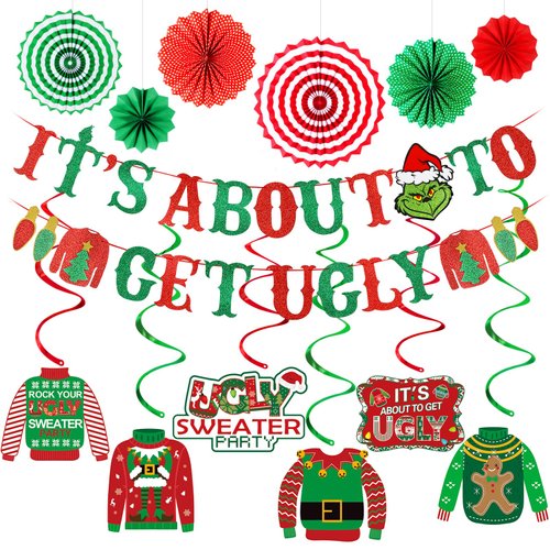 Red and Green It's About To Get Ugly Banner and Ugly Sweater Hanging Swirls Ugly Christmas Sweater Party Banner for Ugly Sweater Party Decorations, Ugly Christmas Sweater Party Supplies