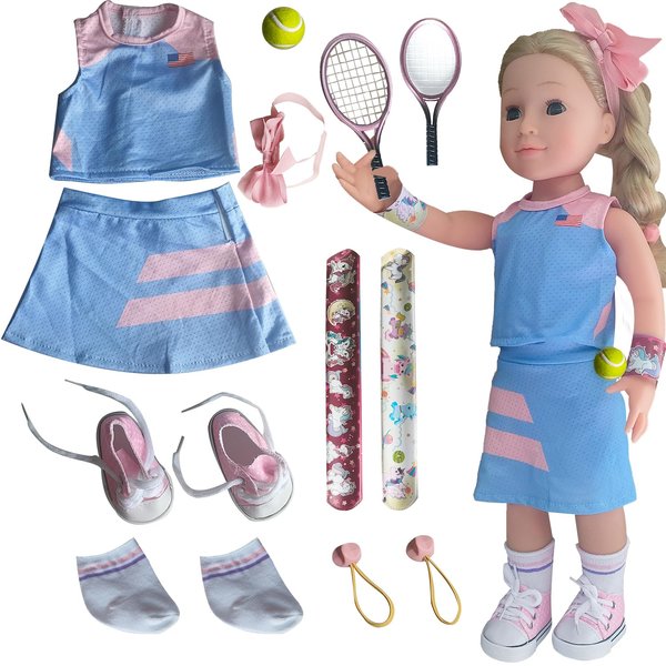 18inch Doll Clothes and accessories-18 Dolls Tennis Sports Outfits-Tops, Short Skirt, Headbands, Hair Band，Doll Socks, Dolls Shoes, Rackets, Ball