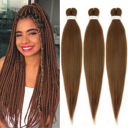Brown Braiding Hair Pre stretched 16Inch 3 Packs Kanekalon Pre-stretched Braiding Hair Colored 30 EZ Braid Yaki Texture Synthetic Hair Extensions for Crochet Box Braids