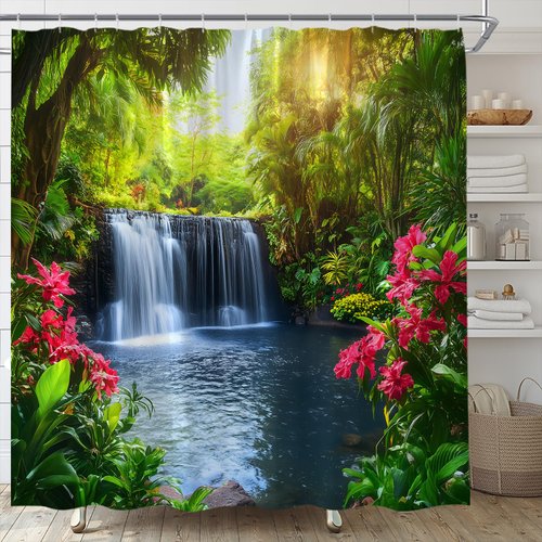 Forest Waterfall Shower Curtain Nature Green Tree Flower Jungle Rainforest Spring Summer Garden Natural Landscape Fabric Bathroom Decor Set,70x70 inch