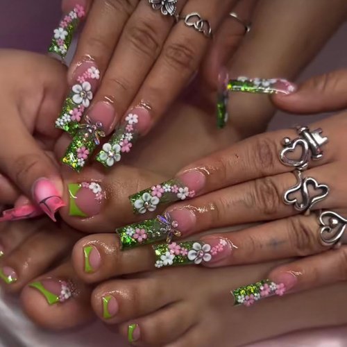 48 Pcs Pink Press on Nails Long Square & Press on Toenails Set - YEFIUO White French Fake Nails Press ons Nail Art Tip Glue on Nails Full Cover Acrylic False Toe Nail Kit with 3D Bow Rhinestone Design