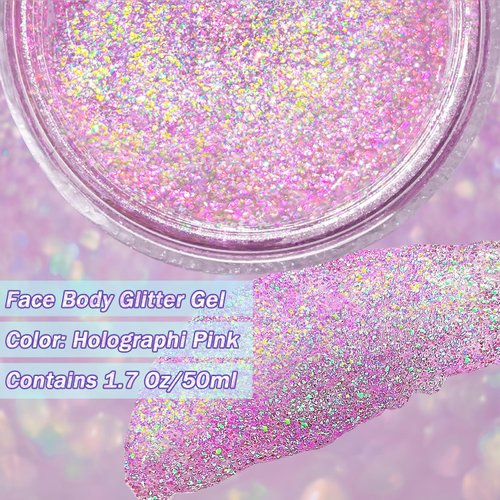 Holographic Body Glitter Gel for Body, Face, Hair, Lip, Nail, Eyeshadow, Color Changing Long Lasting Sparkle Shiny Face Glitter Gel for Festivals and Parties Rave, 50ml (Pink Chameleon)