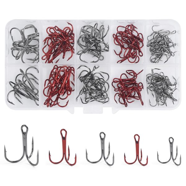 Fishing Treble Hooks Kit, 100pcs Red Treble Hooks Sharp Round Bend Classic Triple Fishing Hooks High Carbon Steel Barbed Treble Hooks for Fishing Lure Baits Saltwater Freshwater Size 4 6 8 10