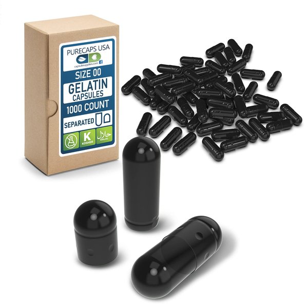 PureCaps USA - Empty Gelatin Capsules Size 00| 1,000 Separated Pills| Black| Non-GMO Certified | SLS, Gluten, Preservative Free