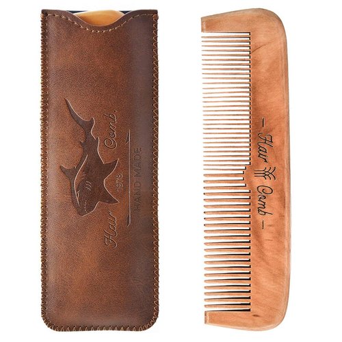 Wooden Hair Combs for Men,Men's Wood Beard Comb with Leather Travel Case,Mens Combs for Hair,Kids Comb(brown shark)