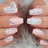 IMSOHOT Medium Coffin Press on Nails Gradient Pink Fake Nails Artificial Acrylic False Nails with Rhinestones Designs Full Cover Silver Glitter Glue on Nails Glossy Ballerina Nails for Women Girls 24pcs