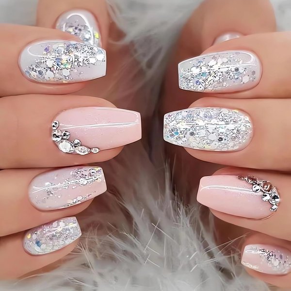 IMSOHOT Medium Coffin Press on Nails Gradient Pink Fake Nails Artificial Acrylic False Nails with Rhinestones Designs Full Cover Silver Glitter Glue on Nails Glossy Ballerina Nails for Women Girls 24pcs