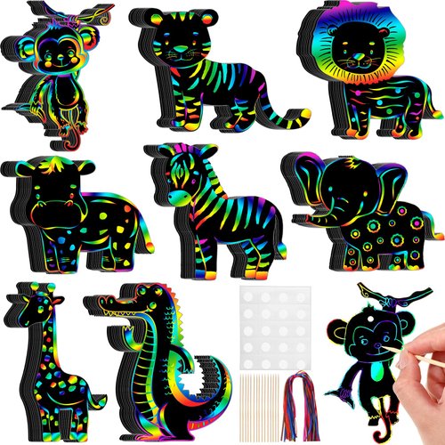 RoundFunny 80 Pcs Jungle Safari Animal Scratch Cards Party Favors Colorful Wild Scratch Painting Scratch Off Paper for Kids DIY Art Craft Kit with 80 Pcs Stick and Ribbon for Birthday Party Ornaments