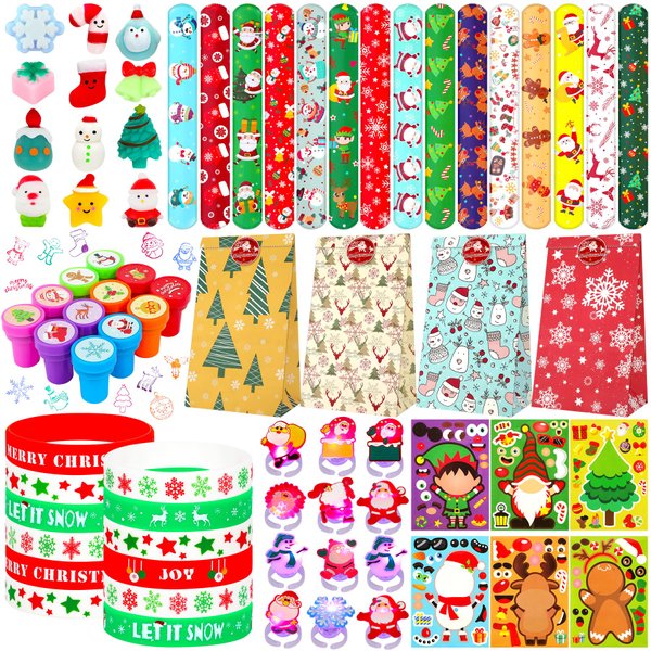 Christmas Party Favors 87 PCS Christmas Squishy Toys Slap Bracelets LED Rings Plastic Stamps Silicone Bracelets DIY Stickers Gift Bags for Kids Christmas Party Gift Exchange Goodie Bags Fillers