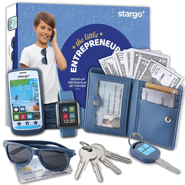 Play Wallet for Boys with Money and Pretend Play Toys, Cellphone, Smartwatch, Keys, Sunglasses, Toddler Wallet for Kids Ages 3 4 5 6 7 8 9 10 11 12 - Grown Up Pretend Play Set for Kids