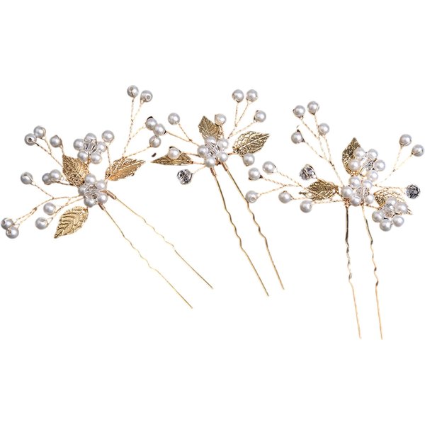 Pearl Hair Pins for Wedding, Bridesmaids, Mother of the Bride, Flower Girl Head Piece Hair Clips, White Crystal Pearls and Gold Leaf Hair accessories for Women and Girls (3PCS Different Flowers)