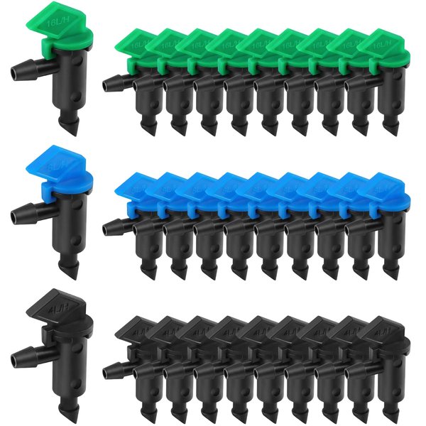 Kalolary 90 Pieces Drip Emitter, 3 Colors Garden Flag Irrigation Drippers in 3 Sizes, 1 GPH, 2 GPH, 4 GPH Per Hour for Trees and Shrubs Watering