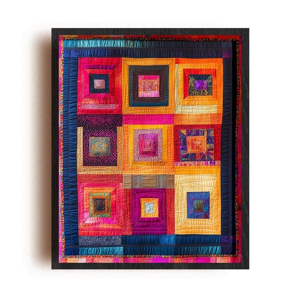 (Unframed) (8x10 Inch) Satin Wall Art Print Of Expressionism Quilting Poster Art featuring a vibrant quilted wall hanging with geometric patterns - 1970s - Eco-Friendly Poster, Custom Decor for Home,