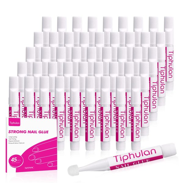 TIPHULAN 45Pcs 90ml Professional Nail Glue for Acrylic Nails, Press On Nails and Nail Tips - Super Strong, Quick-Drying & Long-Lasting, Easy to Open