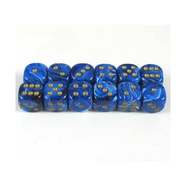 Blue Vortex with Gold Pips 12mm D6 Dice Set of 12 Wondertrail WCX27836E12