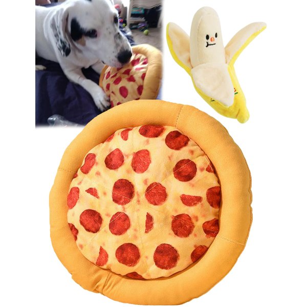 Puppy Toys 2 Pack, Interactive Pizza and Banana Squeaky Chew Toys, Soft and Strong, Teeth Cleaning, Safe Fun for Small Dogs, Indoor Play and Chew Games, Dental Health, Easy to Clean, Long Lasting