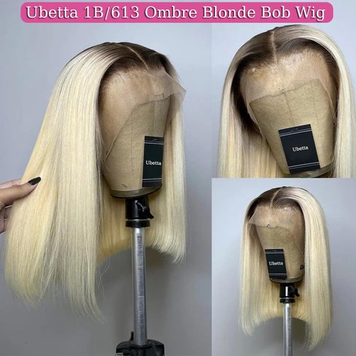 Ombre Blonde Bob Wig Human Hair Lace Front Wigs for Black Women 8 Inch 1B/613 Ombre Blonde Bob Lace Front Wigs Pre Plucked HD Lace Frontal Wigs 180 Density 13x4 Glueless Lace Front Wigs Human Hair