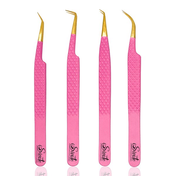 SIVOTE Fiber Tip Volume Lash Tweezers for Eyelash Extensions with Diamond Grip, Set of 4, Pink