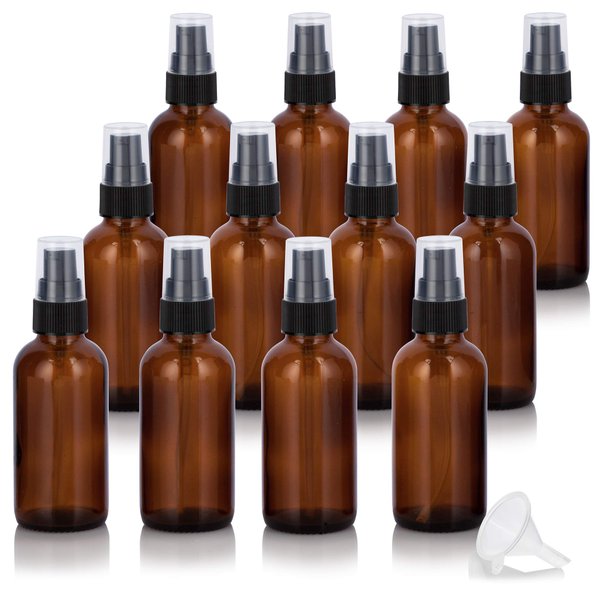 JUVITUS 2 oz / 60 ml Amber Glass Boston Round Bottle with Black Treatment Pump (12 Pack) Refillable Empty Storage Containers