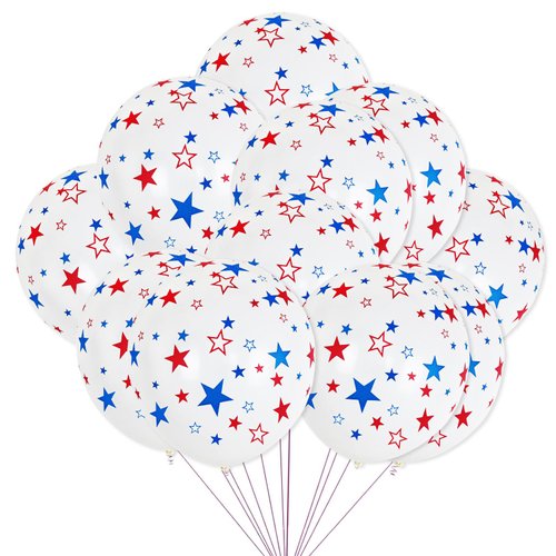 12 Inch Printed Star White Balloons, 50 Pcs Printed Blue Red Star Latex Balloon for 4th of July Decorations Happy Birthday Festival Anniversary Independence Day Decoration Baby Shower Party Supplies