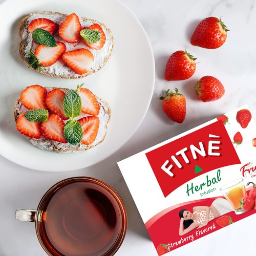 FITNE Strawberry Herbal Detox Tea Fruity Myrobalan Rhubard Senna Infusion Cleansing High Antioxidant No Calories Stevia Sweetener, 12 Tea Bags