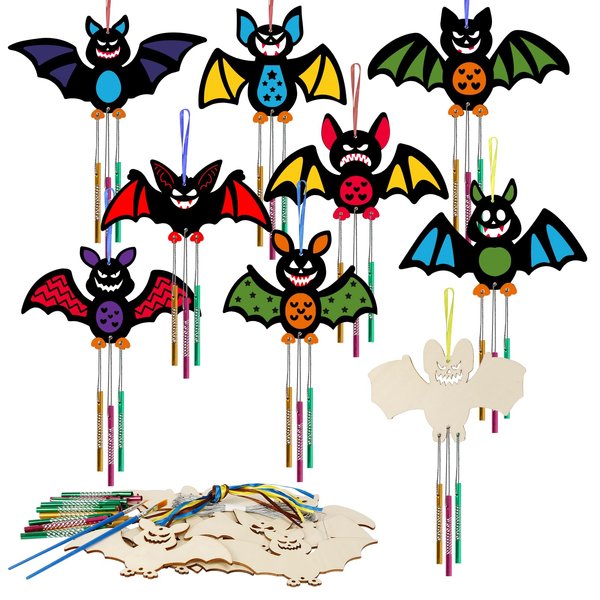 KATOOM 9 Pack Wind Chime Kit for Kids,Halloween Craft Kits Wooden Bat Wind Chime Decorative Hanging Ornaments DIY Painting Craft for Boys Girls Family Activities Halloween Party Supplies