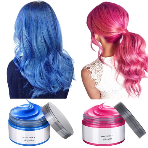 Temporary Hair Clay Color, 2PCS Strong Hold Pomade for Men Women, Hair Color Dye Wax Washable Hair Styling Clay for Girls Age 4 5 6 7 8 9 10+ Birthday, Christmas, Party, Cosplay, Carnival(Pink+Blue)