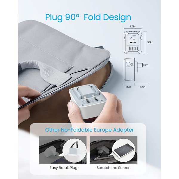 [2-Pack] European Travel Plug Adapter, VINTAR Foldable International Travel Adapter with 4 Outlets 4 USB Ports(2 USB C), 8 in 1 Type C Travel Essentials Charger for US to Most of Europe Spain France