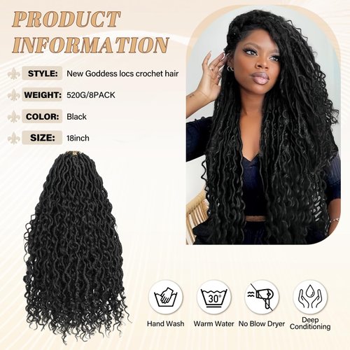 18 INCH Black Faux Locs Crochet Hair - 8-Pack Goddess Locs Crochet Hair Soft Boho Crochet Synthetic Braided Hair Extensions Crochet Hair for Black Women (Black#)