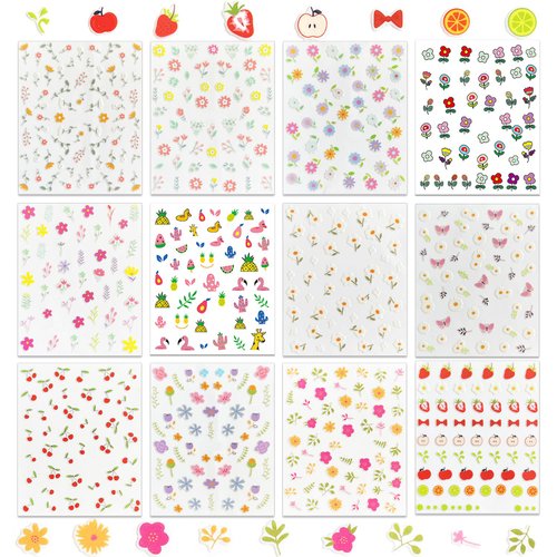 WOKOTO 12 Sheets Flower Nail Stickers for Kids Nails Flowers Fruits Cherry Stickers Nail Art Decals for Kids Girls Cartoon Cute self adhesive Nail Decals Stickers for Nail Art Stickers Nails