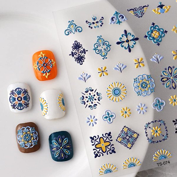 Bohemia Nail Art Stickers 3D Bohemia Nail Stickers Spring Abstract Nail Decals Nail Art Design Decals for Nail Art Blue Yellow Bohemia Cute Designs Self Adhesive Nail Art Supplies Accessories 1PCS