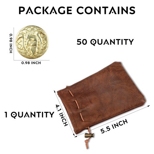 50 PCS Gold Coins & PU Leather Bag, DND Metal Coins, Fantasy Coins Treasure for Board Games, Fake Coins As Game Tokens for Dungeons & Dragons, Tabletop TTRPG Games Medieval Retro Accessories Addons