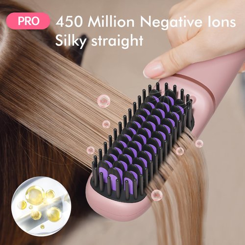 Ionic Hair Straightening Brush|Portable Hot Comb, Pro 450 Million Negative Ions, 25s Heat-up&Safe Auto-Off, 9 Tempdisplay&Dual Voltage, Sandwich Anti-Scald Comb Teeth, for Travel&Home(Pink)