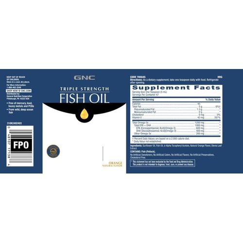 GNC Triple Strength Fish Oil | 1000 mg of EPA/DHA Omega-3s, Supports Heart, Brain, Skin, Eye, and Joint Health | Orange | 8 fl.oz