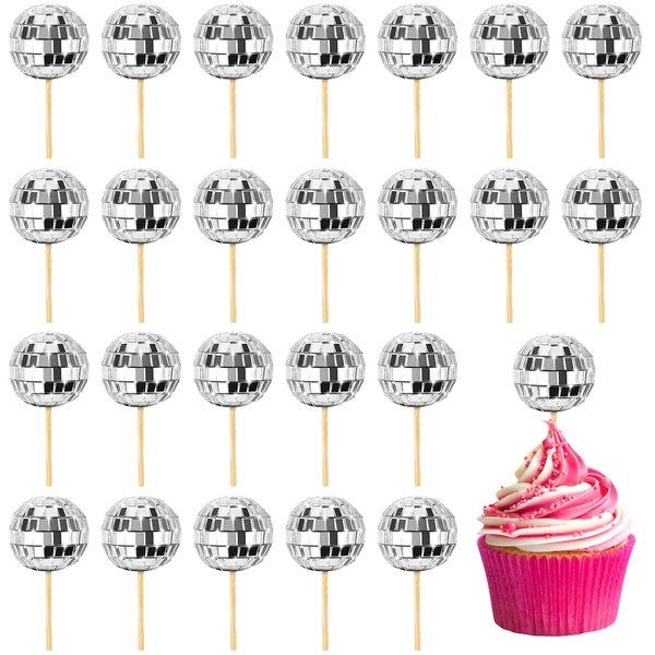 24 Pcs Disco Ball Cupcake Toppers, Birthday Cake Topper Mini Disco Ball Cake Picks Disco Theme Decorations for 1970s Disco Party Favor