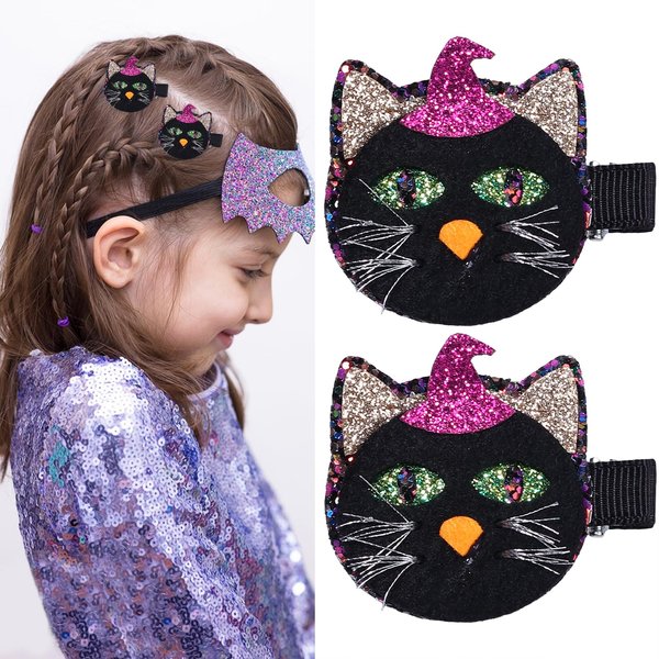 Halloween Bow Hair Clips fpr Girls Cute Cat Hair Clips Glittery Black Alligator Clips Classic Halloween Element Hair Barrette Halloween Holidays Party Hair Decorations Accessories 2Pcs (3-Cat)