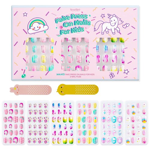 144Pcs Kids Press on Nails Children Girls Press on Short Artificial Fake Nails No fading Stable Quick Stick on Cute Pre Glue Full Cover Acrylic Nail Tip Kit Gift for Kids Nail Decoration (Unicorn)