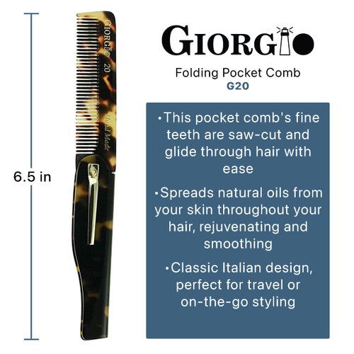 Giorgio G20 Folding Mustache and Beard Comb - Small Fine Tooth Pocket Comb for Everyday Hair Care - Sawcut and Hand Polished Pocket Comb and Styling Comb - Handcrafted Travel Comb