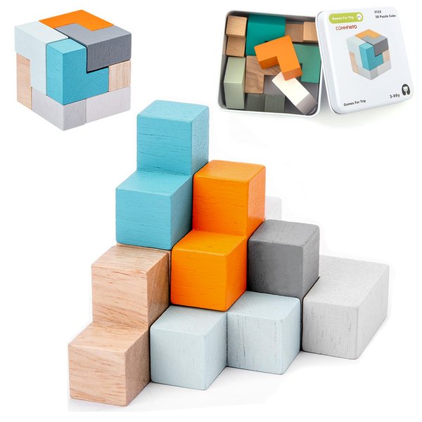 COHHFWPD Wooden Puzzle Cube, Mini Size 3D Puzzle Cube in Storage Tin Case for Travel Game, Brain Teaser Intellectual Removing Assembling Toy, Assembly and Disentanglement Puzzles for Kids and Adults