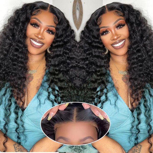 Aatifa 30 Inch Wear and Go Glueless Wigs Human Hair Pre Plucked Pre Cut Water Wave Lace Front Human Hair Wigs for Black Women Deep Curly Wave Lace Frontal Wigs with Baby Hair 180% Density