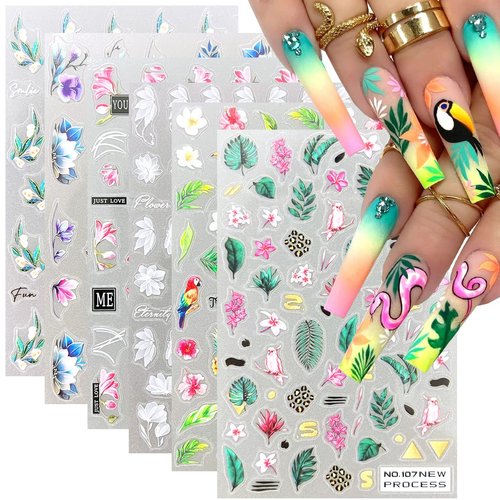 6 Sheets 5D Flower Nail Art Stickers Decals Embossed Ultrathin Tropical Palms Color Floral Green Leafs Pink Magnolia Glue Nail Designs Sticker for Nail Tips Manicure Decoration