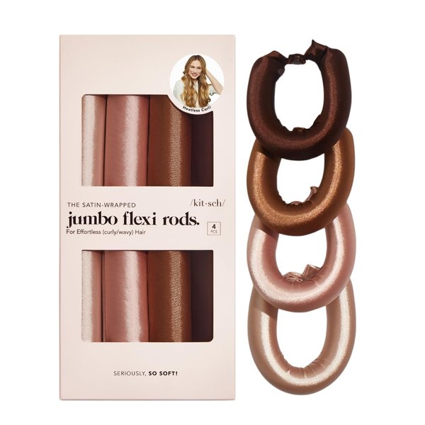 Kitsch Heatless Hair Curler - 4 pcs XL Satin Flexi Rods for Overnight Curls, No Heat Hair Curlers to Sleep In, Thick Curling Rod Curlers for Short Hair - Rosewood