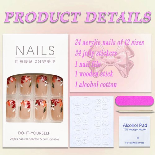 Fall Press on Nails Medium Square MABKJLF French Tip Fake Nails Wine Red Full Cover Flower Nail Tip False Nails with Designs Glossy Glue on Nails Manicure Artificial Nails for Women Girls 24Pcs