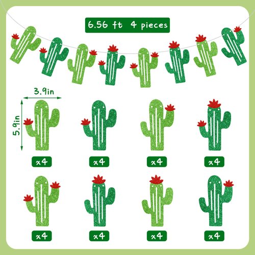 4 Pcs Taco Cactus Garland Banner Green Glitter Cactus Banner Cactus Party Decorations Taco Party Banner Fiesta Party Banner for Mexican Fiesta Bachelorette Baby Shower Jungle Party Supplies Decor