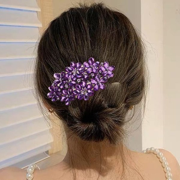 Missgrace Boho Flower Floral Hair Barrette Blue Pink Purple Champagne Bridal Wedding Prom Party Shiny Hair Comb Crystal Rhinestones Women Hair Barrette Clip Hair Accessories for Women (Purple)