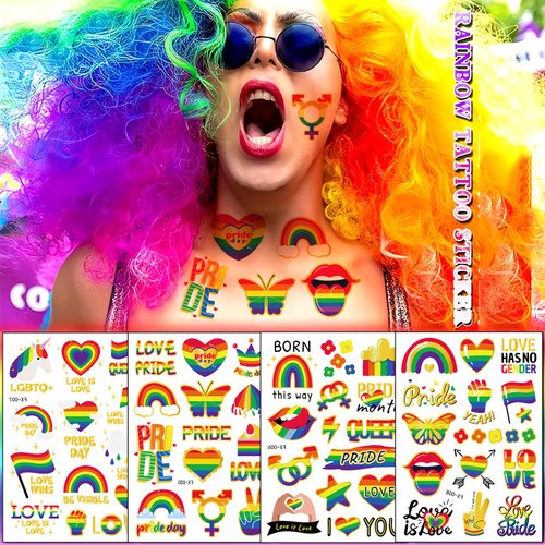Rainbow Temporary Tattoos Pride Day Fake Tattoos Adult Women Rainbow Flags Hearts Lips Stars Ribbons Gold Edge Tattoo Kit Gay LGBTQ Pride Day Parade Party Makeup Body Face Decor Supplies 4 Sheets