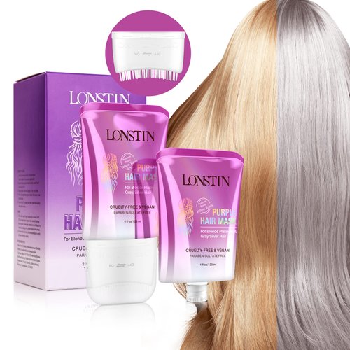 lonstin Purple Hair Mask with Comb, Anti Brass Hair Mask Paraben and Sulfate Free for Blonde Platinum Silver Gray Bleached Hair, Remove Yellow Tones and Condition Dry Damaged Hair, 8 Fl Oz