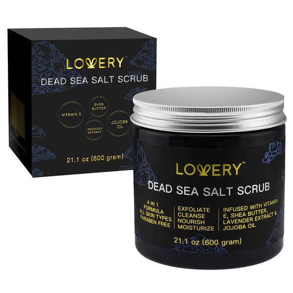 Dead Sea Salt Scrub, Handmade Exfoliating Body Scrub for Women & Men with Vitamin E, Shea Butter, Jojoba Oil & Lavender Extract - Ultra Moisturizing Scrub for Gentle Skin Exfoliation - 600grams