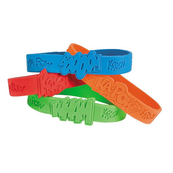 Fun Express Superhero Saying Rubber Bracelets (24 Pieces) Classroom Incentives, School Store Supplies, Party Favors